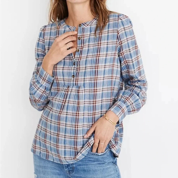 Madewell Tops - Madewell size XS Leysfield Plaid Popover Blouse Shirt Blue Linen Blend Fall
